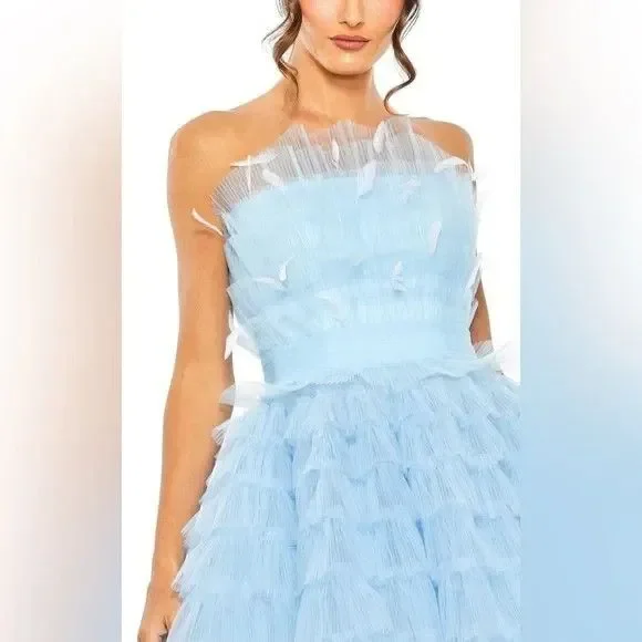 Mac Duggal 20529 Blue Feathered Strapless Tulle Fit & Flare Mini Dress NWT